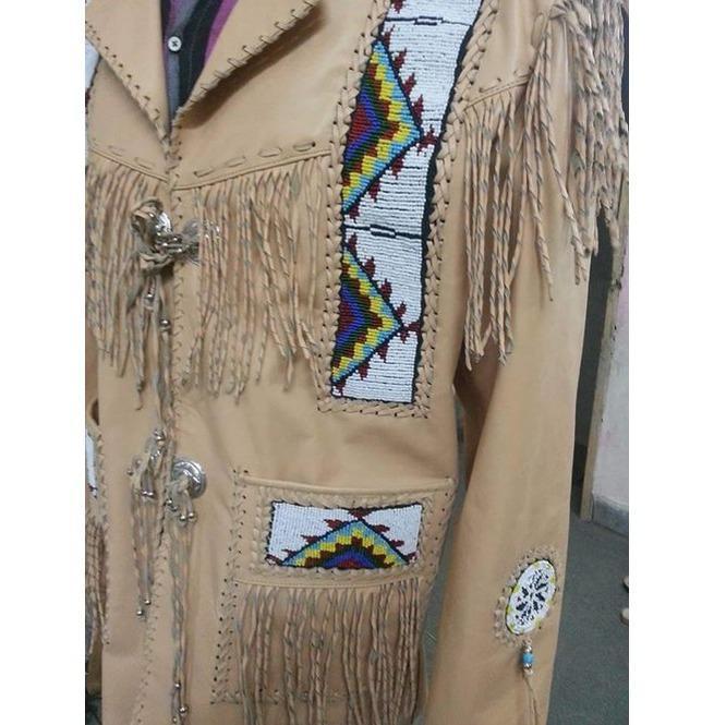 Men's Cowboy Leather Jacket Western Coat Fringes, Beige Color Cowboy Jacket For Men - Shearling leather