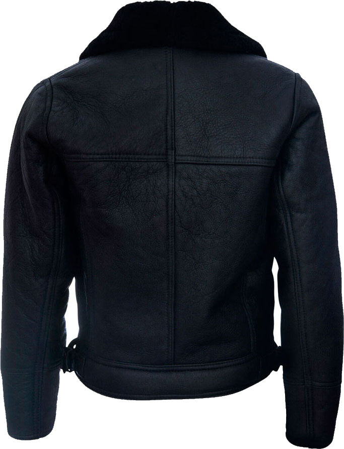 Mens Cross Zip Black Leather Jacket With Fur - Shearling leather