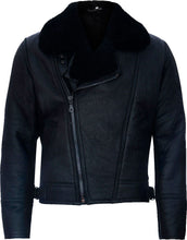 Load image into Gallery viewer, Mens Cross Zip Black Leather Jacket With Fur - Shearling leather
