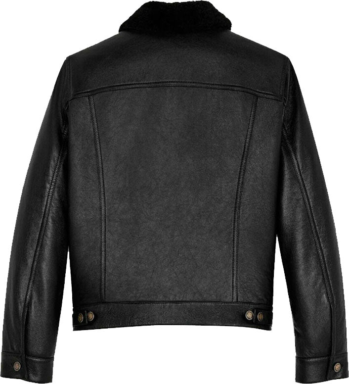 Mens Denim Style Genuine Leather Jacket With Fur - Shearling leather