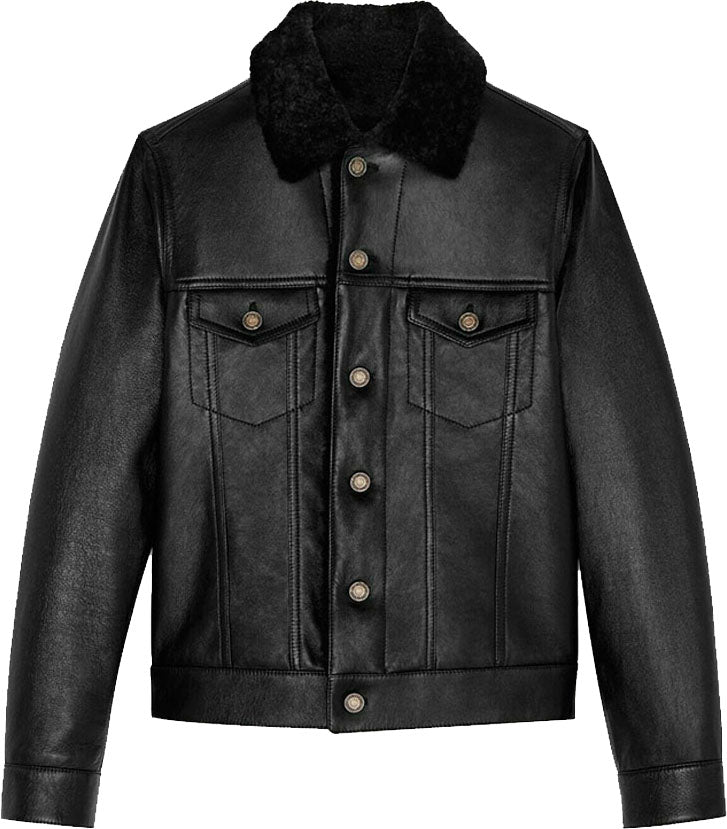 Mens Denim Style Genuine Leather Jacket With Fur - Shearling leather
