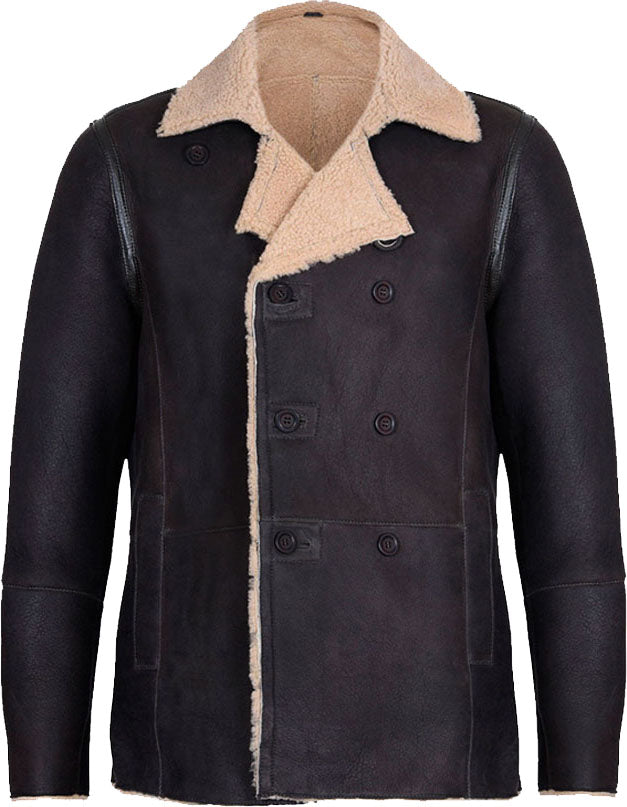 Mens Double Breasted Real Leather Jacket With Fur - Shearling leather