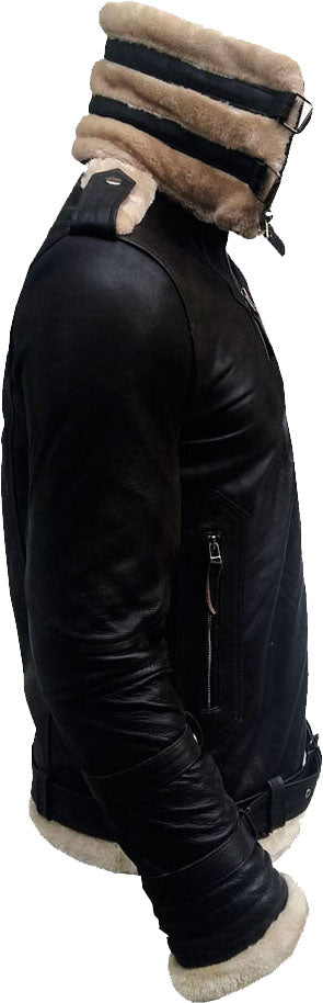 Mens Double Collar Leather Jacket With Fur - Shearling leather
