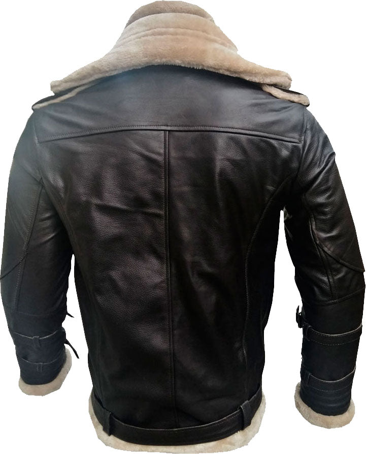 Mens Double Collar Leather Jacket With Fur - Shearling leather