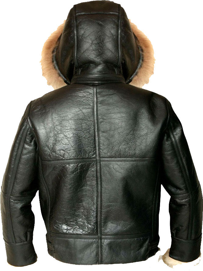 Mens Hooded Flight Bomber Leather Jacket With Fur - Shearling leather
