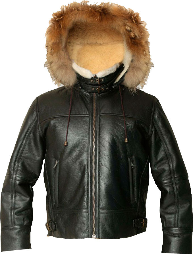 Mens Hooded Flight Bomber Leather Jacket With Fur - Shearling leather