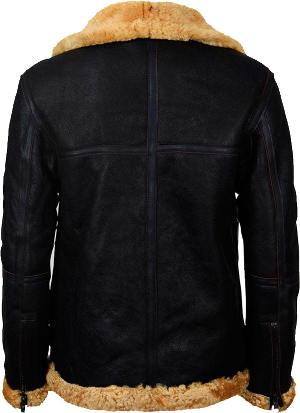 Mens Flying Brown Vintage Real Leather Jacket With Fur - Shearling leather