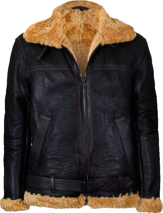 Mens Flying Brown Vintage Real Leather Jacket With Fur - Shearling leather