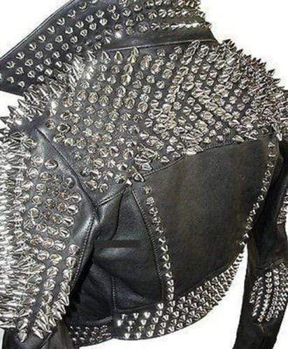 Full Black Punk Brando Silver Spiked Studded Cowhide Leather Jacket - Shearling leather