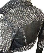 Load image into Gallery viewer, Full Black Punk Brando Silver Spiked Studded Cowhide Leather Jacket - Shearling leather
