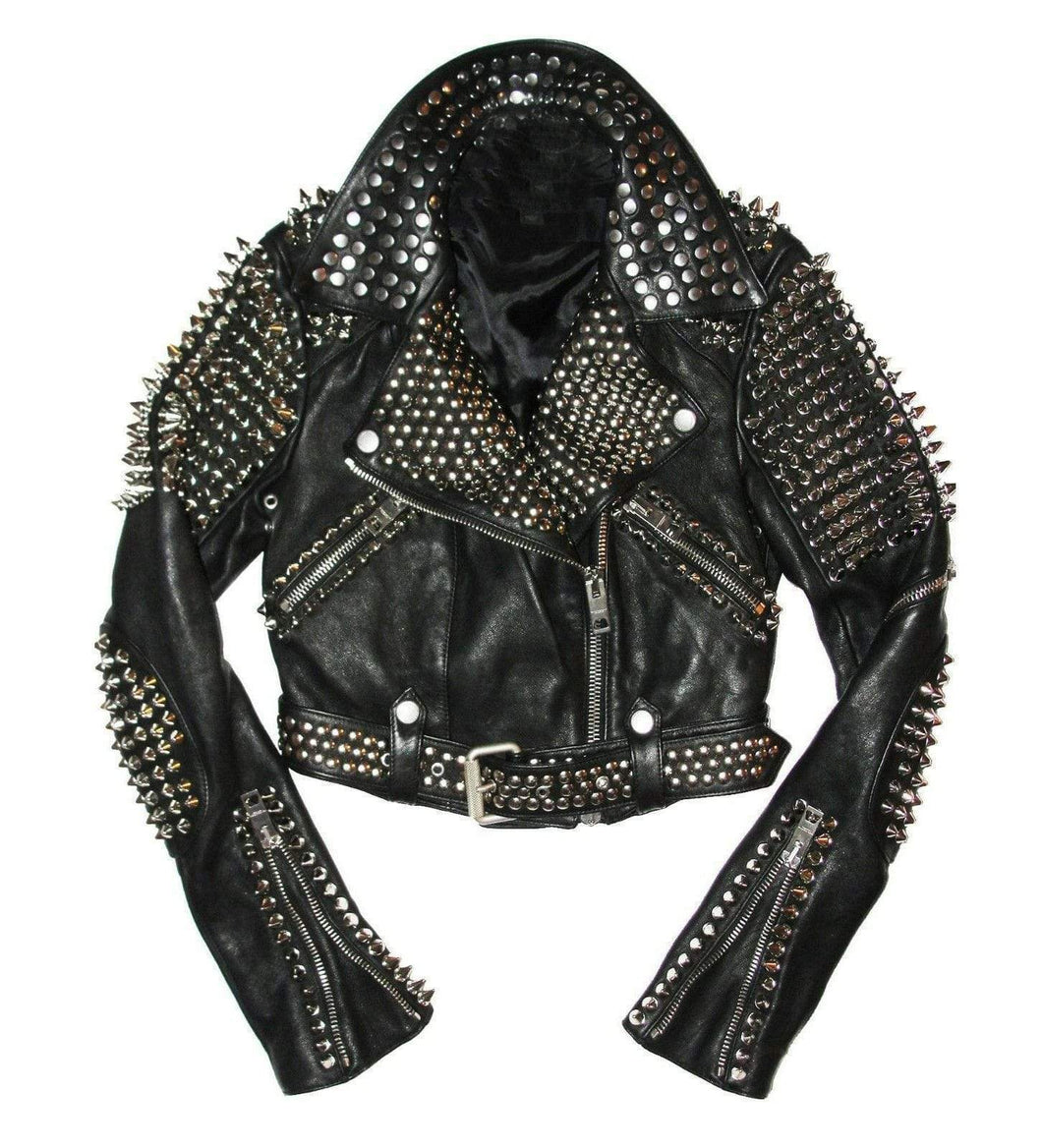 Full Black Punk Brando Silver Spiked Studded Cowhide Leather Jacket - Shearling leather