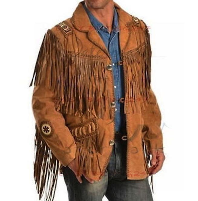 Men's New Tan Brown Western Suede Cow Leather Jacket Fringes, Cowboy Jacket - Shearling leather