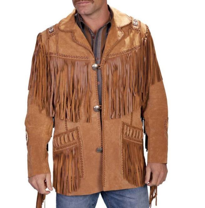 Men's New Tan Brown Western Suede Cow Leather Jacket Fringes, Cowboy Jacket - Shearling leather