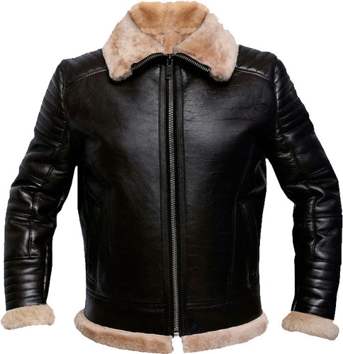 Mens Raf Brown Bomber Leather Jacket With Fur - Shearling leather