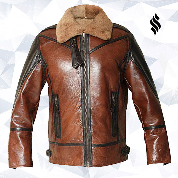 Mens RAF Flight Aviator Real Sheepskin Fur Collar Leather Jacket - Shearling Leather Jacket