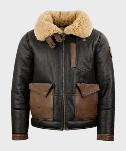 B3 Shearling Chocolate Black Bomber Leather Jacket for Mens