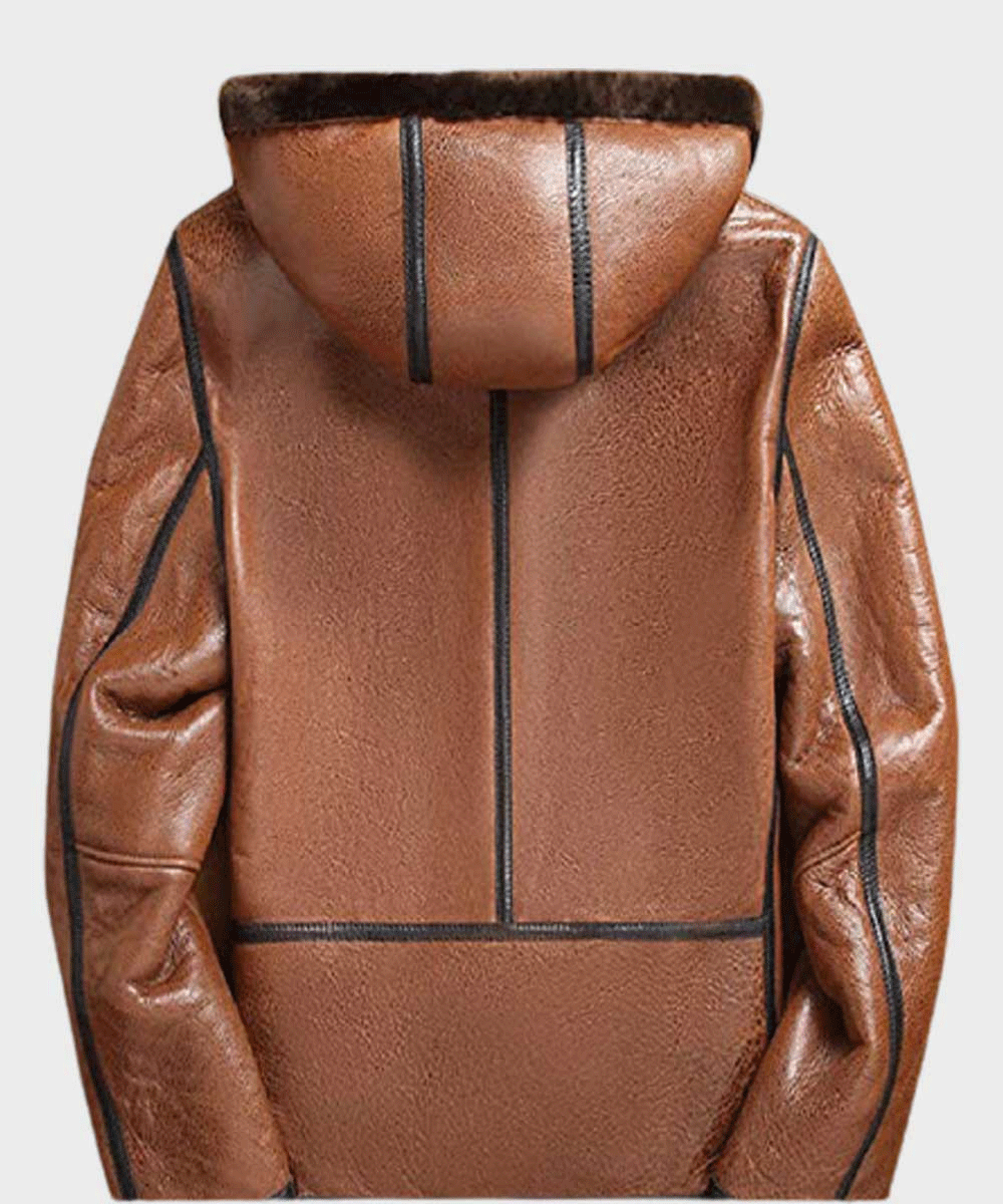 Mens Brown Sheepskin Shearling Leather Hooded Jacket