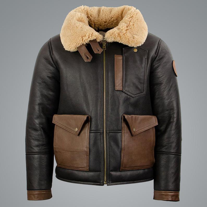 Mens Sheepskin Chocolate Black Bomber Jacket - Shearling leather