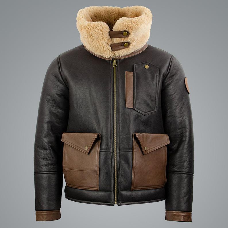 Mens Sheepskin Chocolate Black Bomber Jacket - Shearling leather