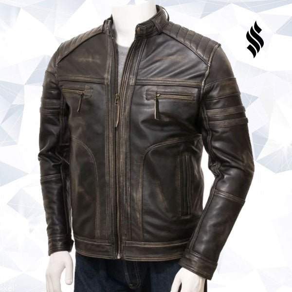 Mens Vintage Distressed Brown Real Leather Four Pocket Jacket - Shearling leather