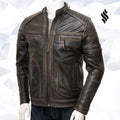 Mens Vintage Distressed Brown Real Leather Four Pocket Jacket - Shearling leather