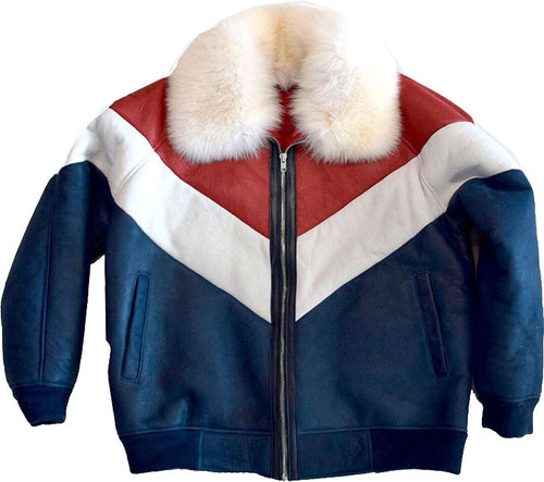 Mens Winter V Bomber Leather Jacket With Fur - Shearling leather