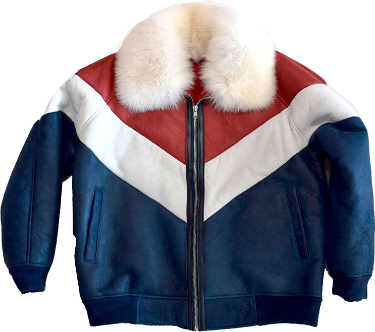 Mens Winter V Bomber Leather Jacket With Fur - Shearling leather