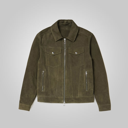 Mens Army Green Suede Leather Trucker Jacket