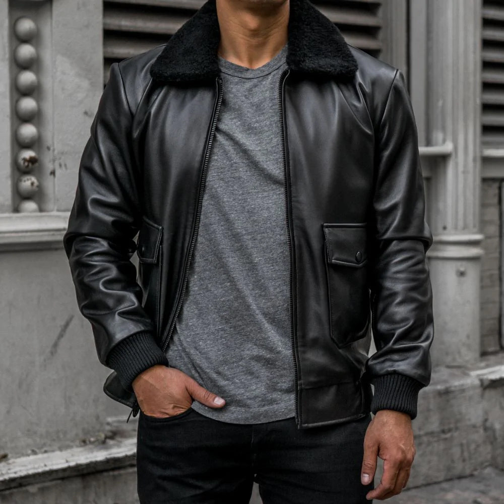 Mens Black G-1 Flight Leather Bomber Jacket - Black Leather