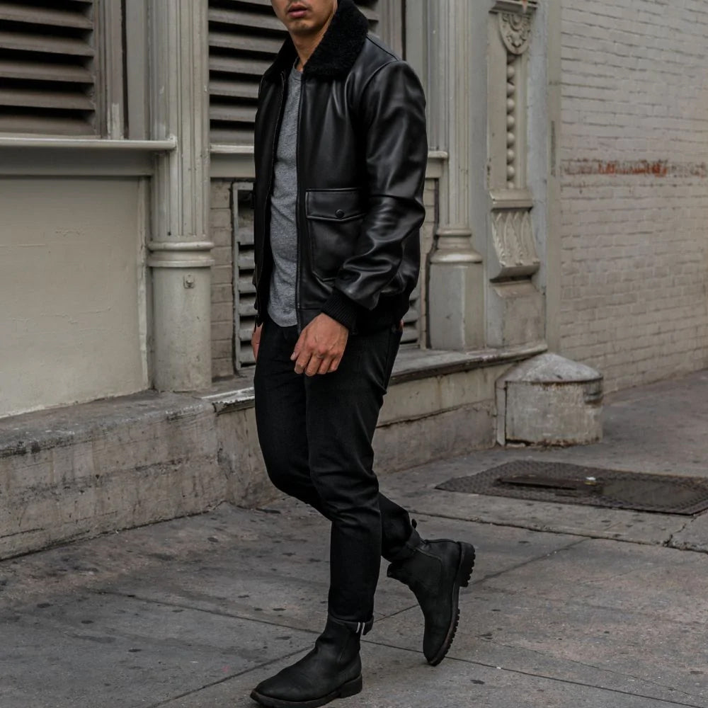 Mens Black G-1 Flight Leather Bomber Jacket - Black Leather