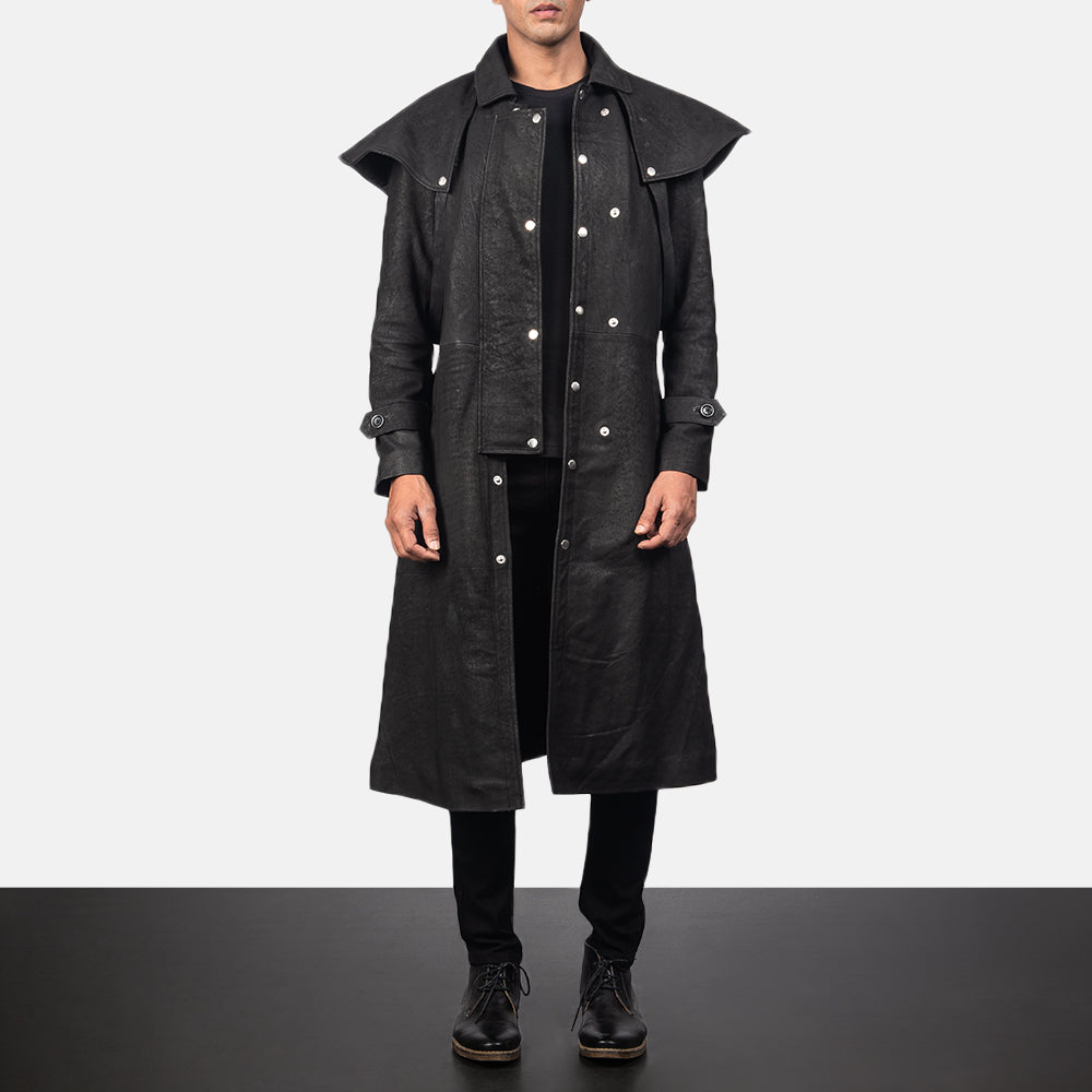 Mens Premium Sheepskin Leather Studded Black Leather Duster Coat