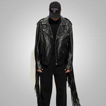 Load image into Gallery viewer, Mens Black Leather Motorcycle Cowboy Fringed Jacket
