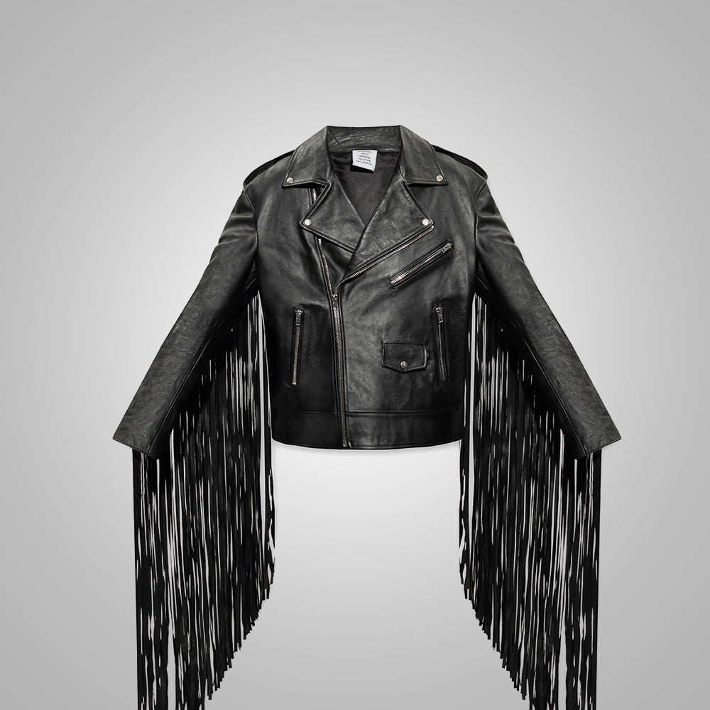 Mens Black Leather Motorcycle Cowboy Fringed Jacket
