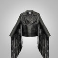 Mens Black Leather Motorcycle Cowboy Fringed Jacket
