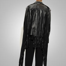 Load image into Gallery viewer, Mens Black Leather Motorcycle Cowboy Fringed Jacket

