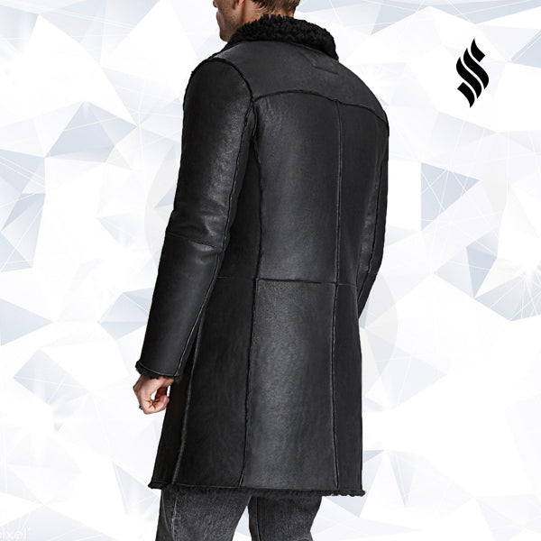 Mens Black Shearling Leather Trench Coat - Shearling leather