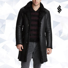 Load image into Gallery viewer, Mens Black Shearling Leather Trench Coat - Shearling leather
