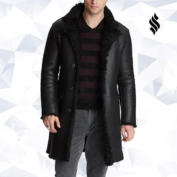 Mens Black Shearling Leather Trench Coat - Shearling leather