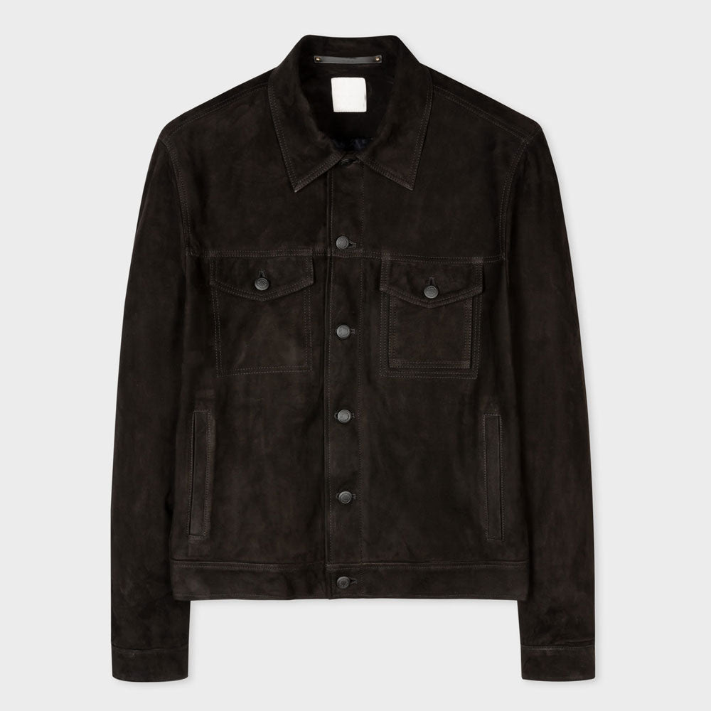 Mens Black Suede Leather Trucker Styled Jacket