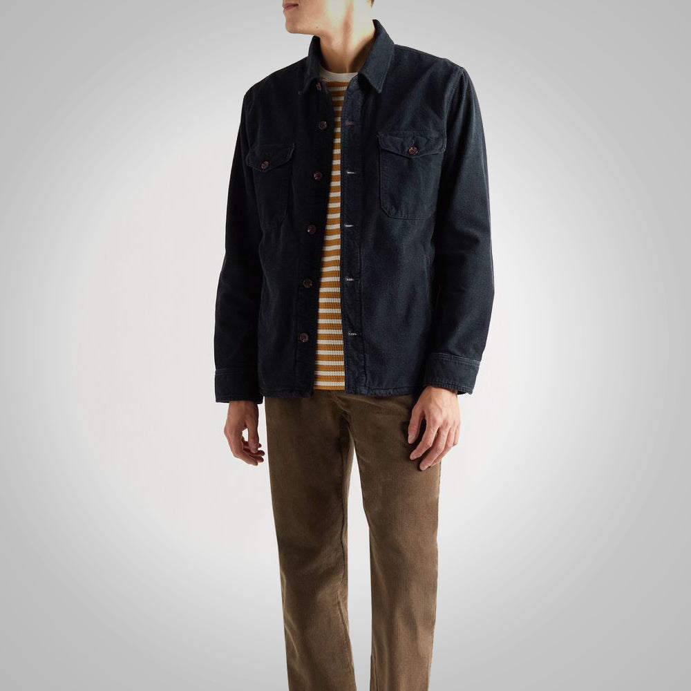 Mens Blue Cotton Blend Corduroy Jacket