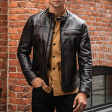 Load image into Gallery viewer, Mens Brown Cafe Racer Goatskin Leather Motorbike Jacket
