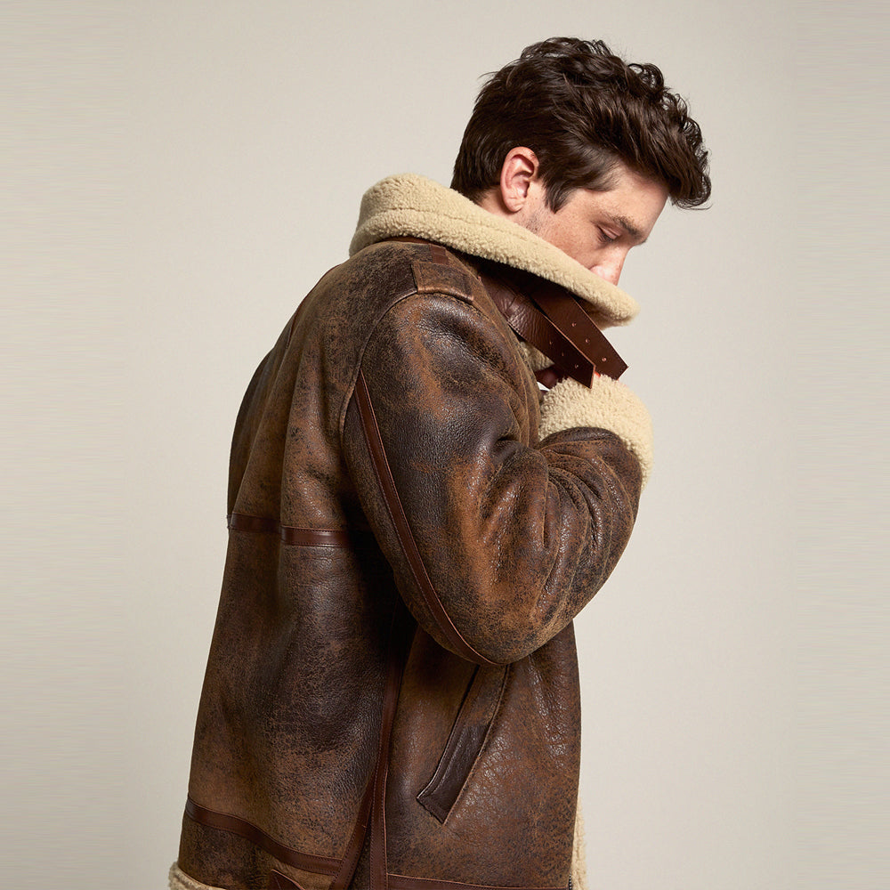 Mens Brown Distressed Leather Shearling Jacket - Distressed