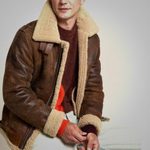 Load image into Gallery viewer, Mens Brown Distressed Leather Shearling Jacket
