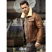 Load image into Gallery viewer, Mens Brown RAF B3 Sheepskin Trucker Shearling Leather Jacket
