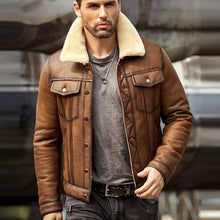 Load image into Gallery viewer, Mens Brown RAF B3 Sheepskin Trucker Shearling Leather Jacket
