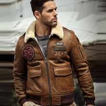 Load image into Gallery viewer, Mens B3 Airforce Brown Embroidered Shearling Leather Bomber Jacket
