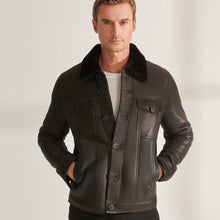 Load image into Gallery viewer, Mens Brown Sheepskin Shearling Leather Trucker Aviator Jacket
