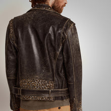Load image into Gallery viewer, Mens Brown Studded Distressed Leather Jacket
