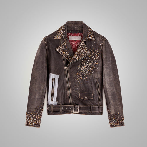 Mens Brown Studded Distressed Leather Jacket