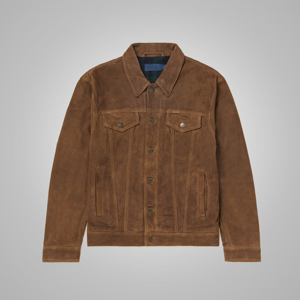 Mens Brown Suede Leather Iconic Trucker Jacket